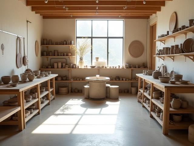 鈴虫窯の清潔で整頓された陶芸スタジオ内部、ろくろや粘土が並ぶ。