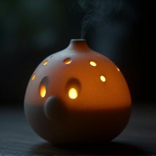 蛍がモチーフの、光が透過する陶器製のアロマランプ