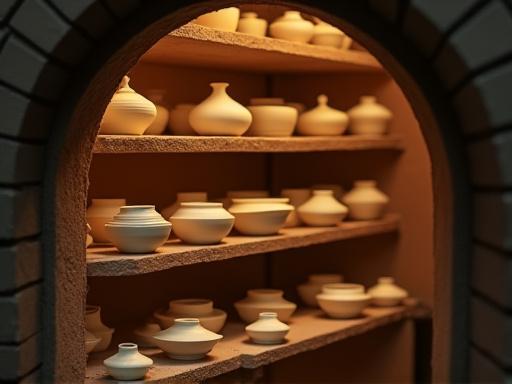 素焼き前の陶器が無数の窯に並べられている様子。